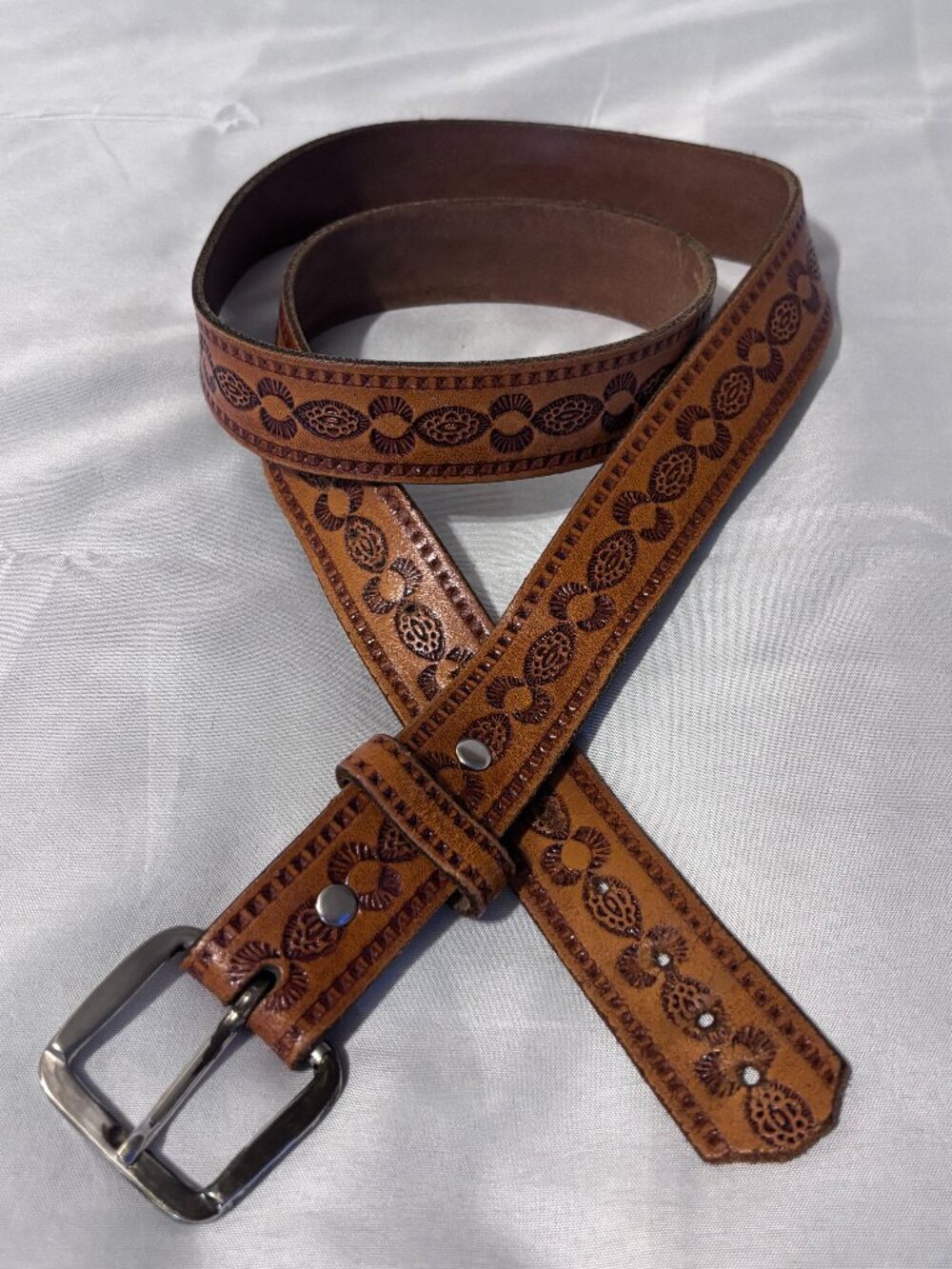 Brown Tooled Leather Belt Western Floral Embossed Silver Tone Buckle Boho